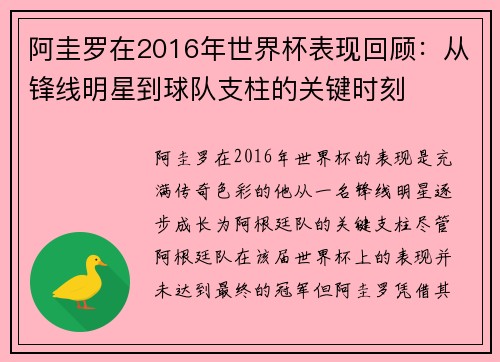 阿圭罗在2016年世界杯表现回顾：从锋线明星到球队支柱的关键时刻