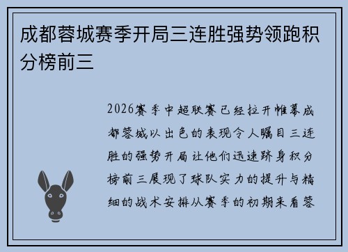 成都蓉城赛季开局三连胜强势领跑积分榜前三